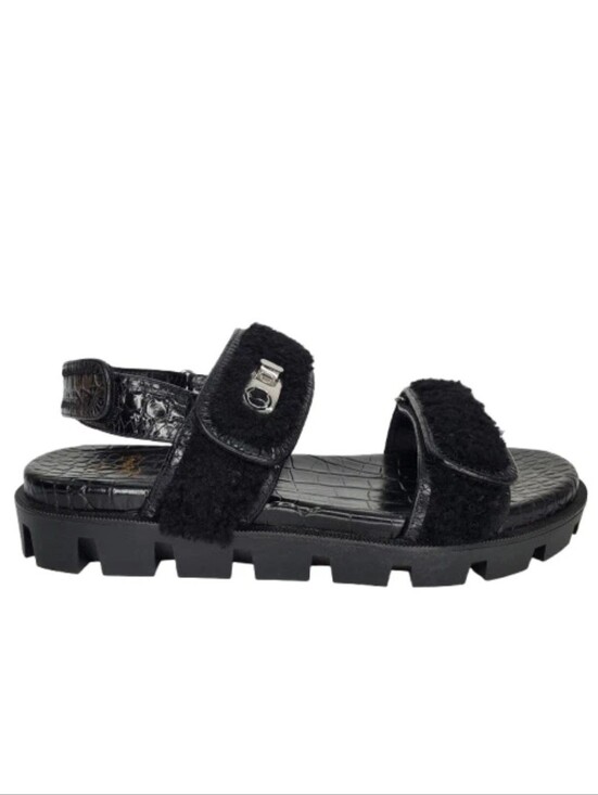 Christian Louboutin Shoes - Christian Louboutin The Lock Black Wool Shearling Embossed Sandals